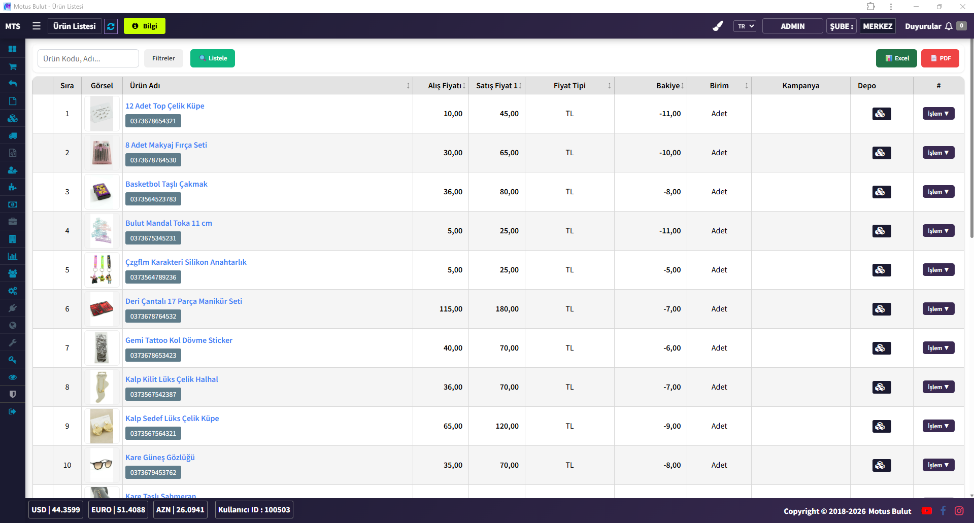 Bijuteri stok takip programı ürün listesi - varyant bazlı takip