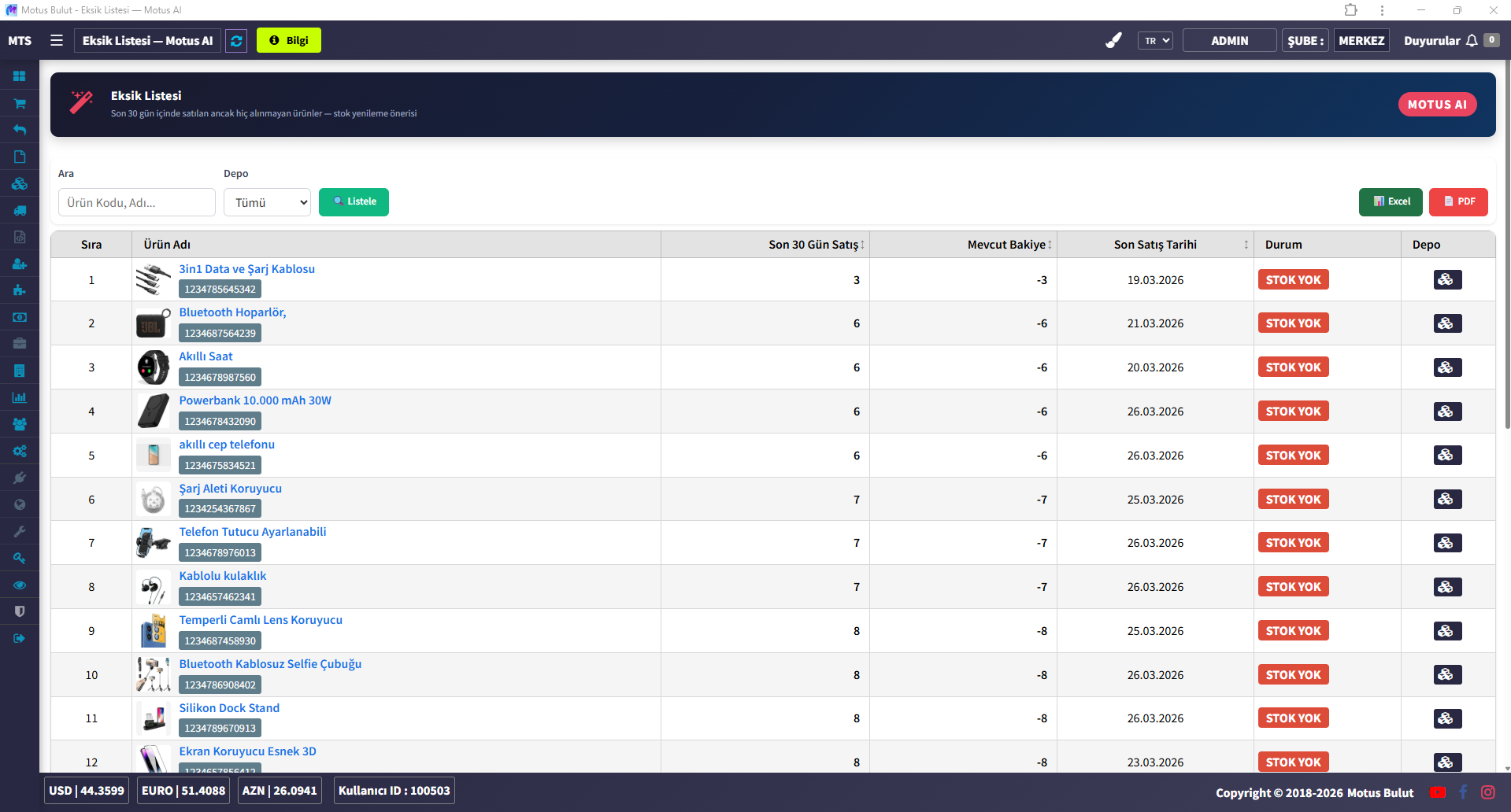 Seri numarası takip programı eksik stok listesi