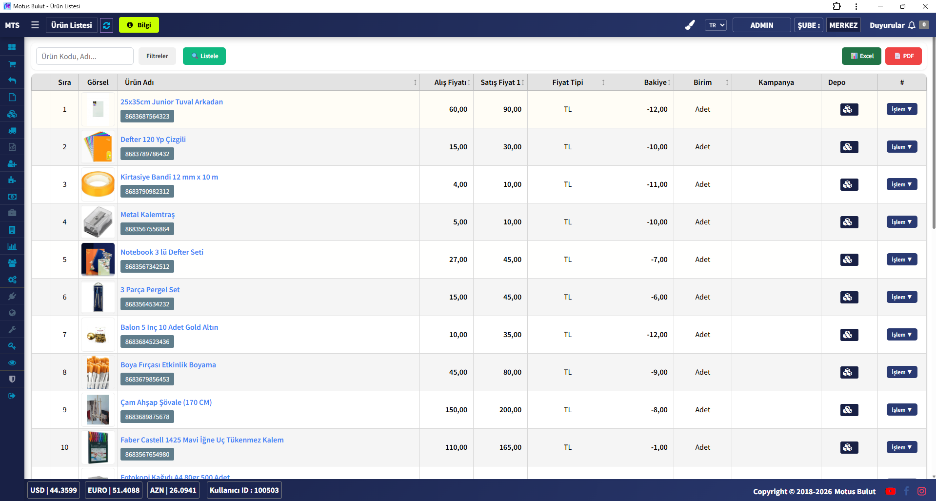 Kırtasiye stok takip programı ürün listesi - barkod ve fiyat takibi