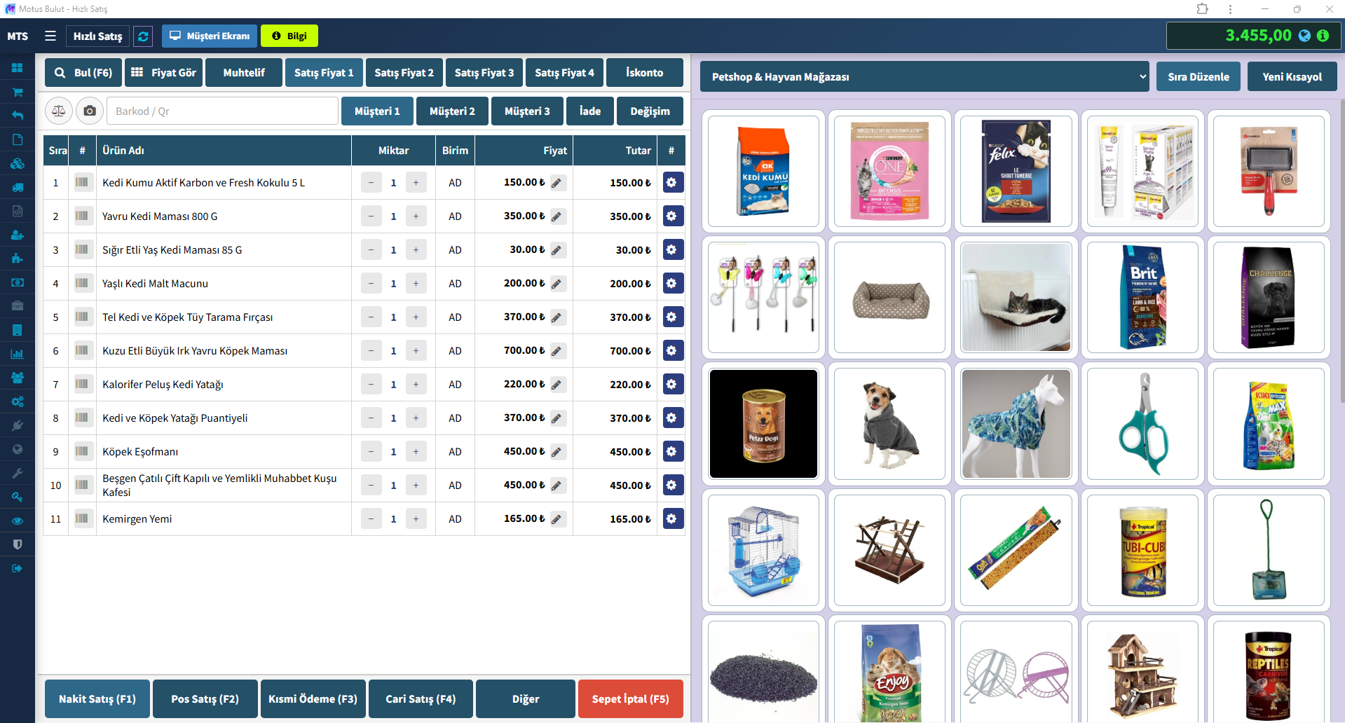 Petshop programı barkodlu hızlı satış ekranı - mama ve aksesuar satışı