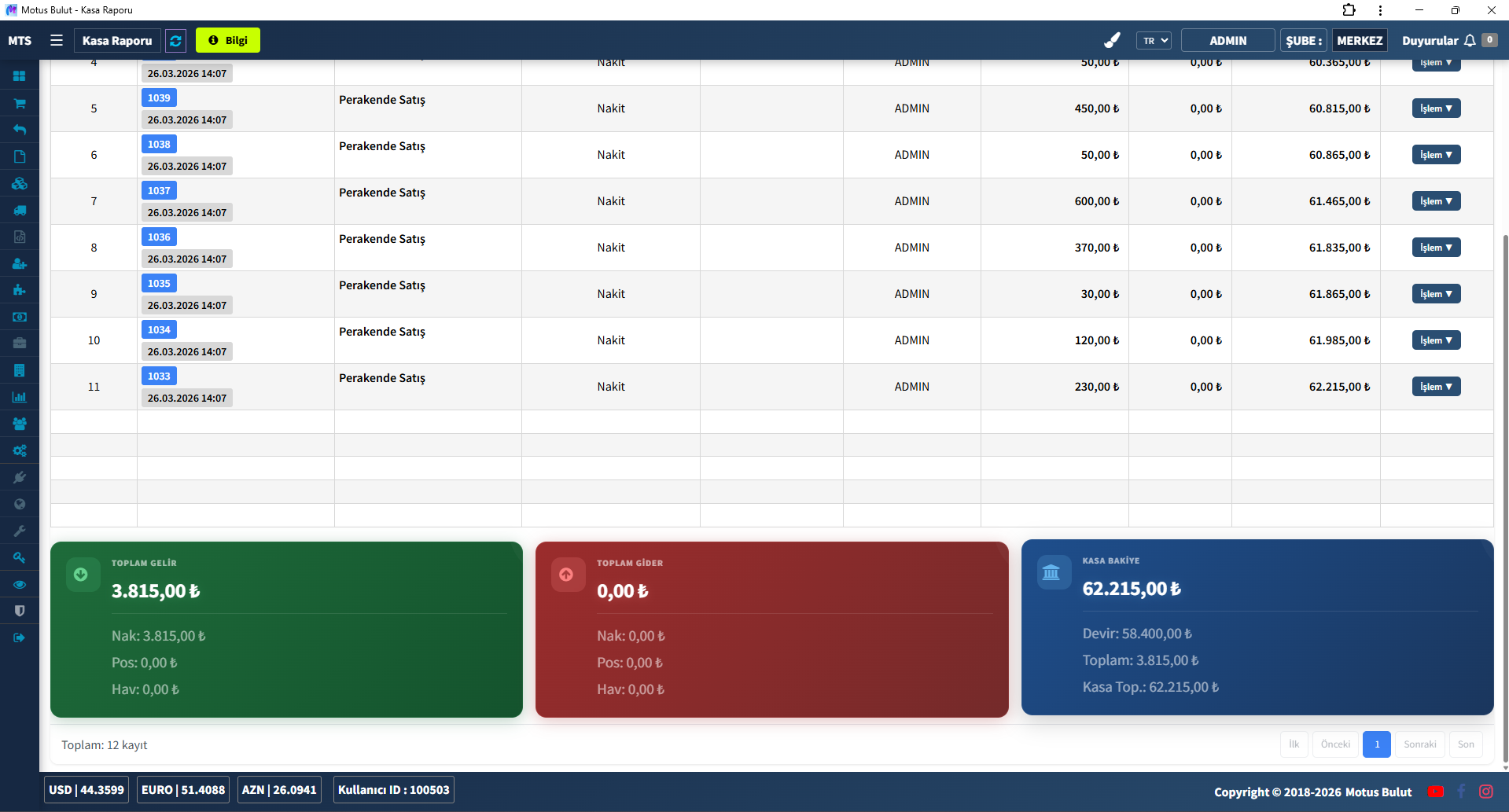 Petshop programı kasa raporu - günlük gelir gider ve bakiye özeti