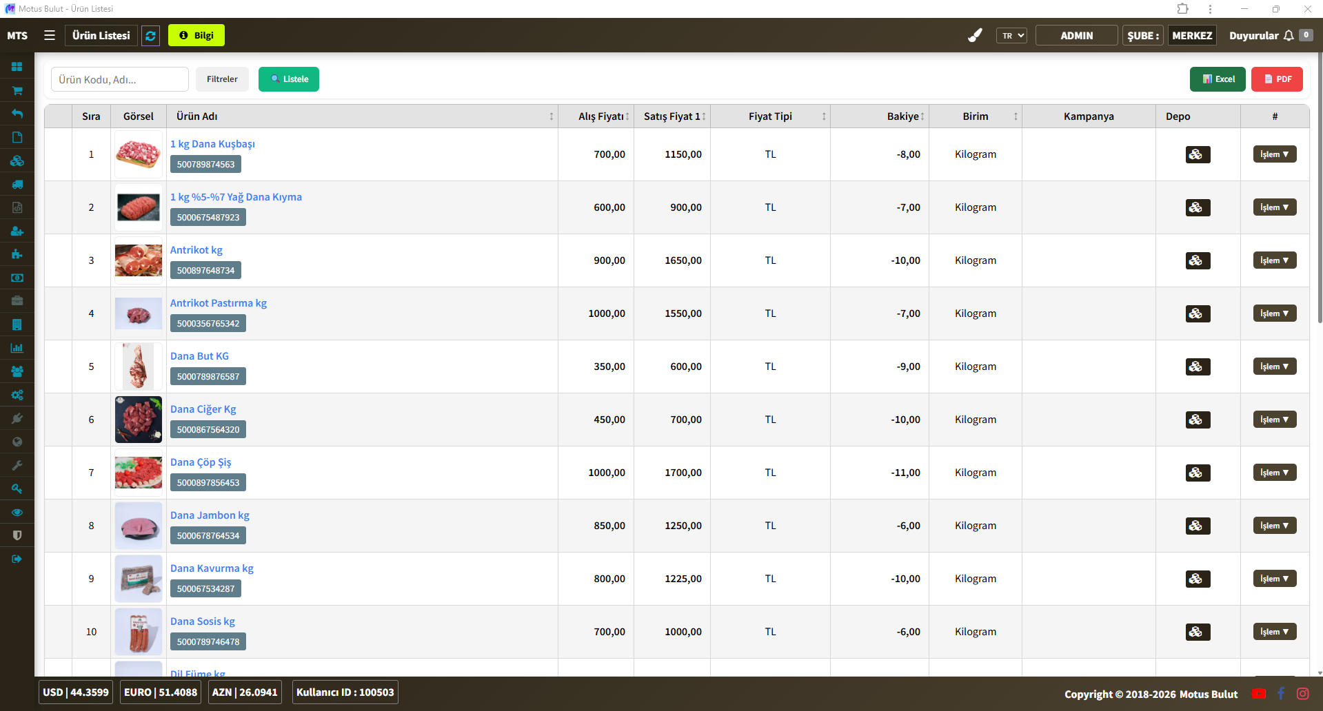 Et stok takip programı ürün listesi - kg bazlı stok ve fiyat takibi